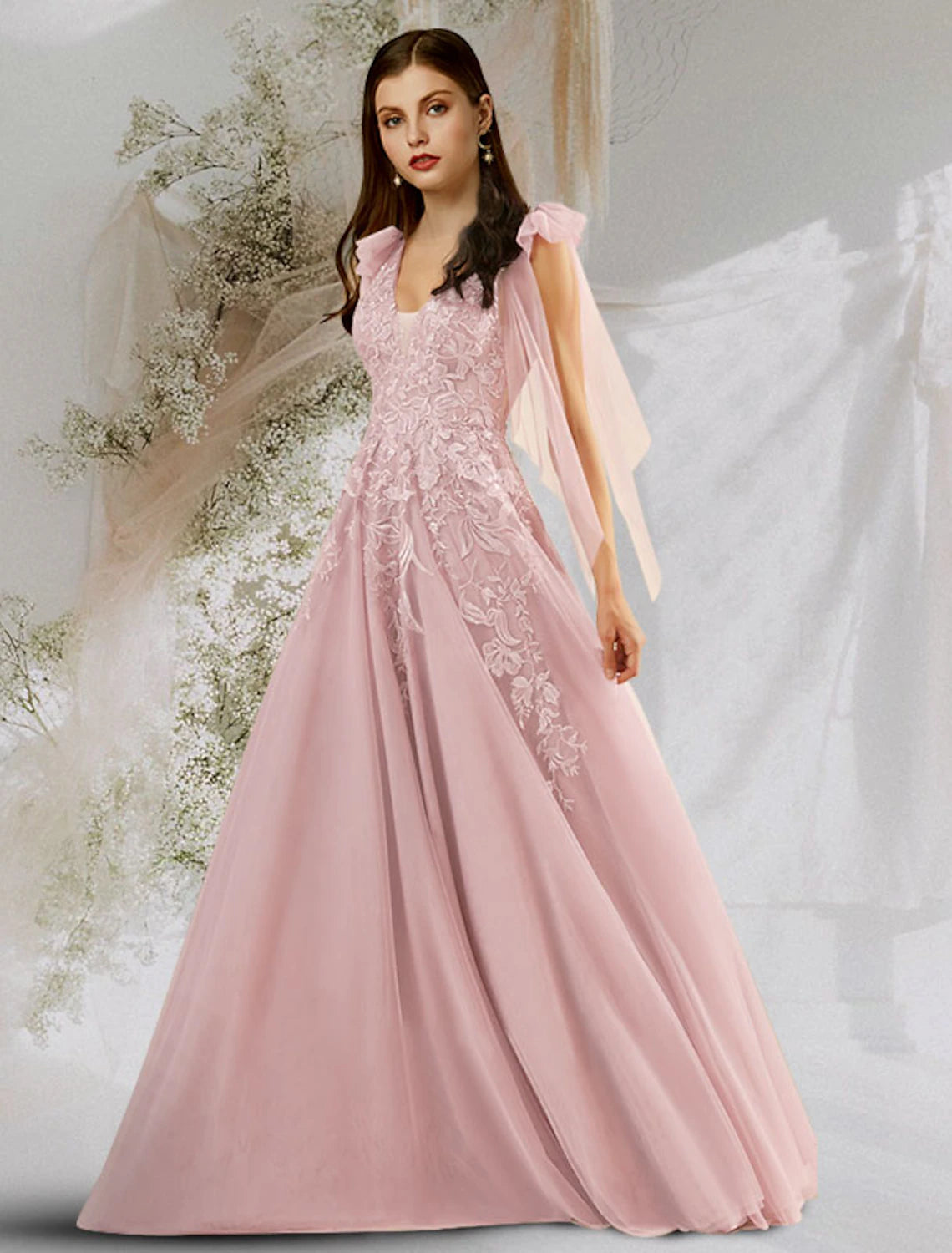 Wholesale  A-Line Beautiful Back Floral Open Back Engagement Prom Dress V Neck Backless Sleeveless Floor Length Tulle with Bow(s) Appliques